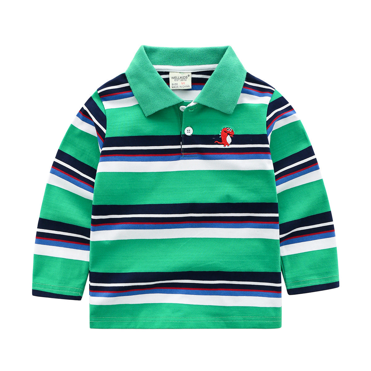 Green striped polo shirt with a small red and white design on a white background