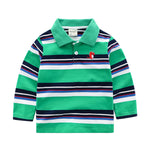 Green striped polo shirt with a small red and white design on a white background