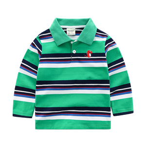 Green striped polo shirt with a small red and white design on a white background