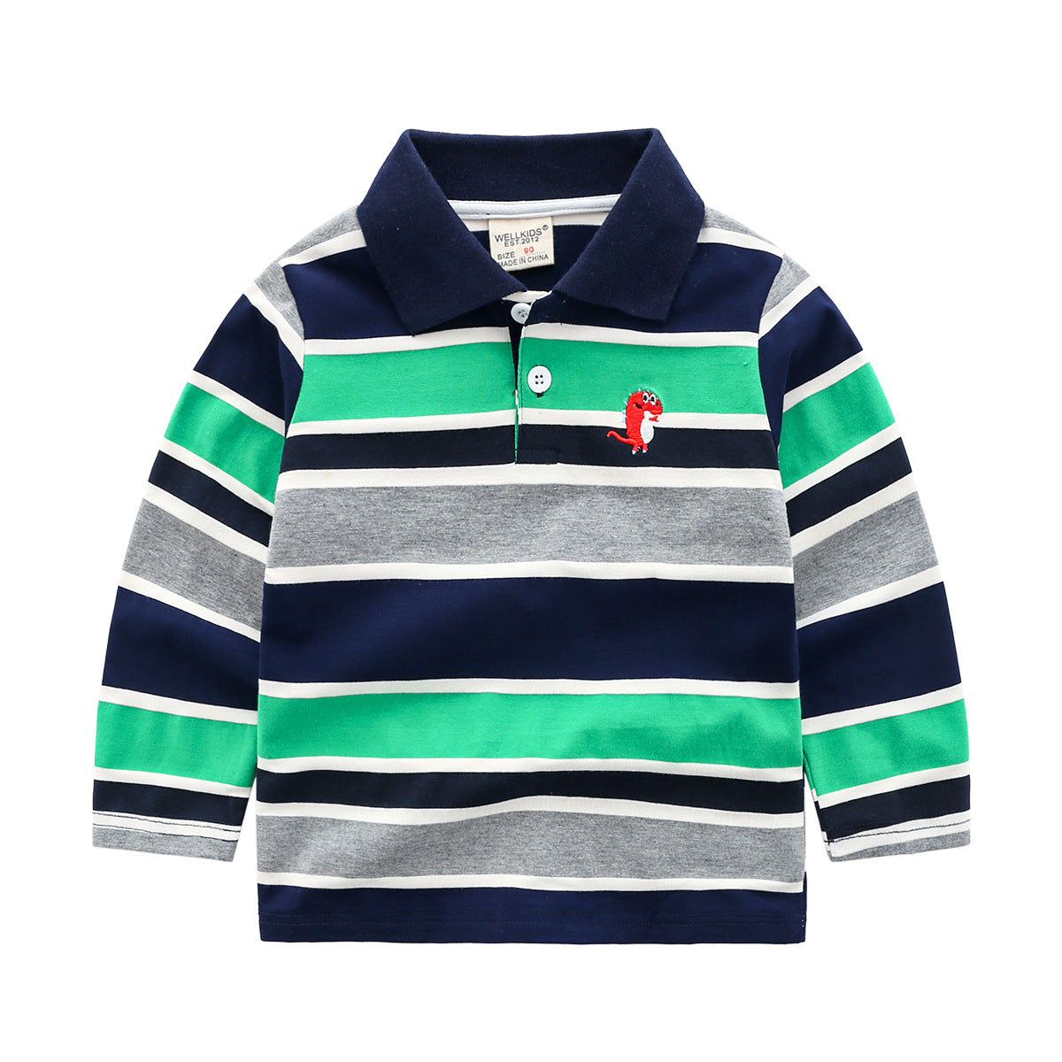 Children's striped polo shirt with a small logo on a white background