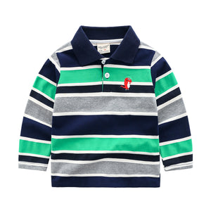 Children's striped polo shirt with a small logo on a white background