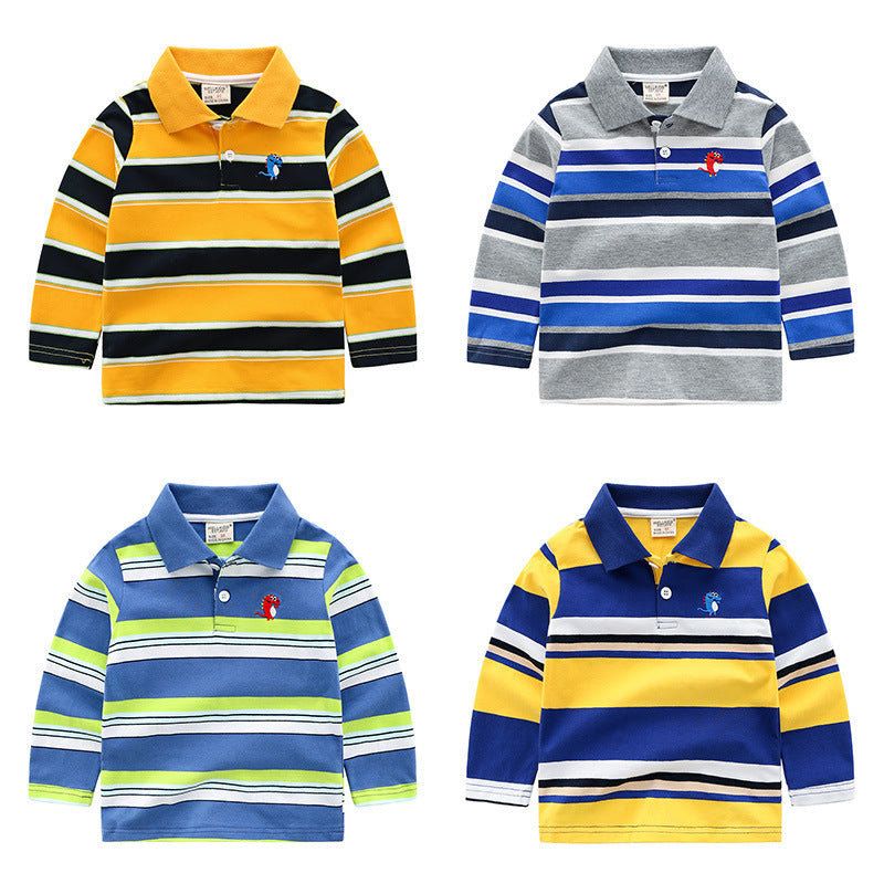 Four children's striped polo shirts in different color combinations on a white background.