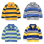 Four children's striped polo shirts in different color combinations on a white background.
