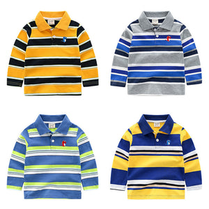 Four children's striped polo shirts in different color combinations on a white background.