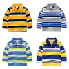 Four children's striped polo shirts in different color combinations on a white background.