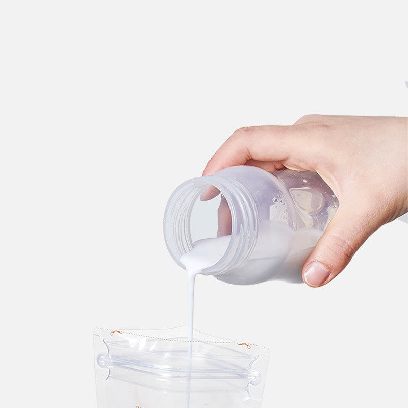 Hand pouring a white powder from a container into a clear container on a white background