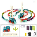 Colorful train-themed domino set with a teal engine and wooden components on a white background.