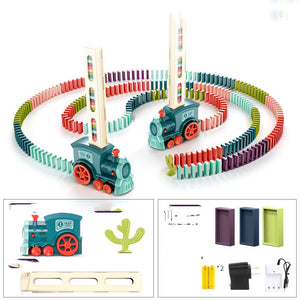 Colorful train-themed domino set with a teal engine and wooden components on a white background.