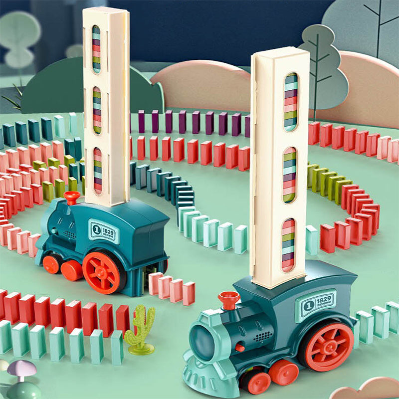 Toy train set with colorful dominoes and wooden towers on a playful background