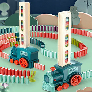 Toy train set with colorful dominoes and wooden towers on a playful background
