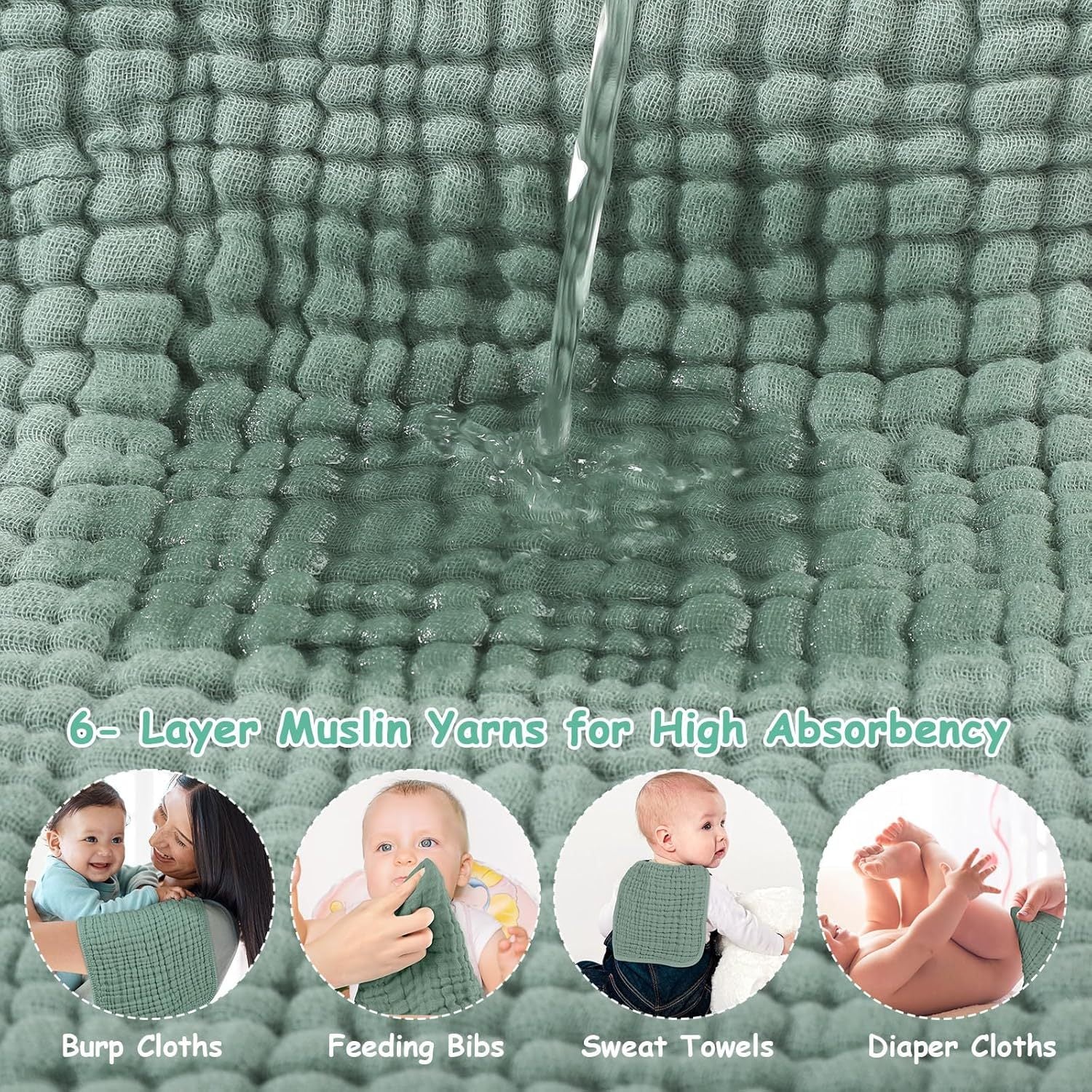 Green fabric with water being poured onto it, surrounded by images of babies using the fabric for various purposes.