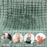 Green fabric with water being poured onto it, surrounded by images of babies using the fabric for various purposes.