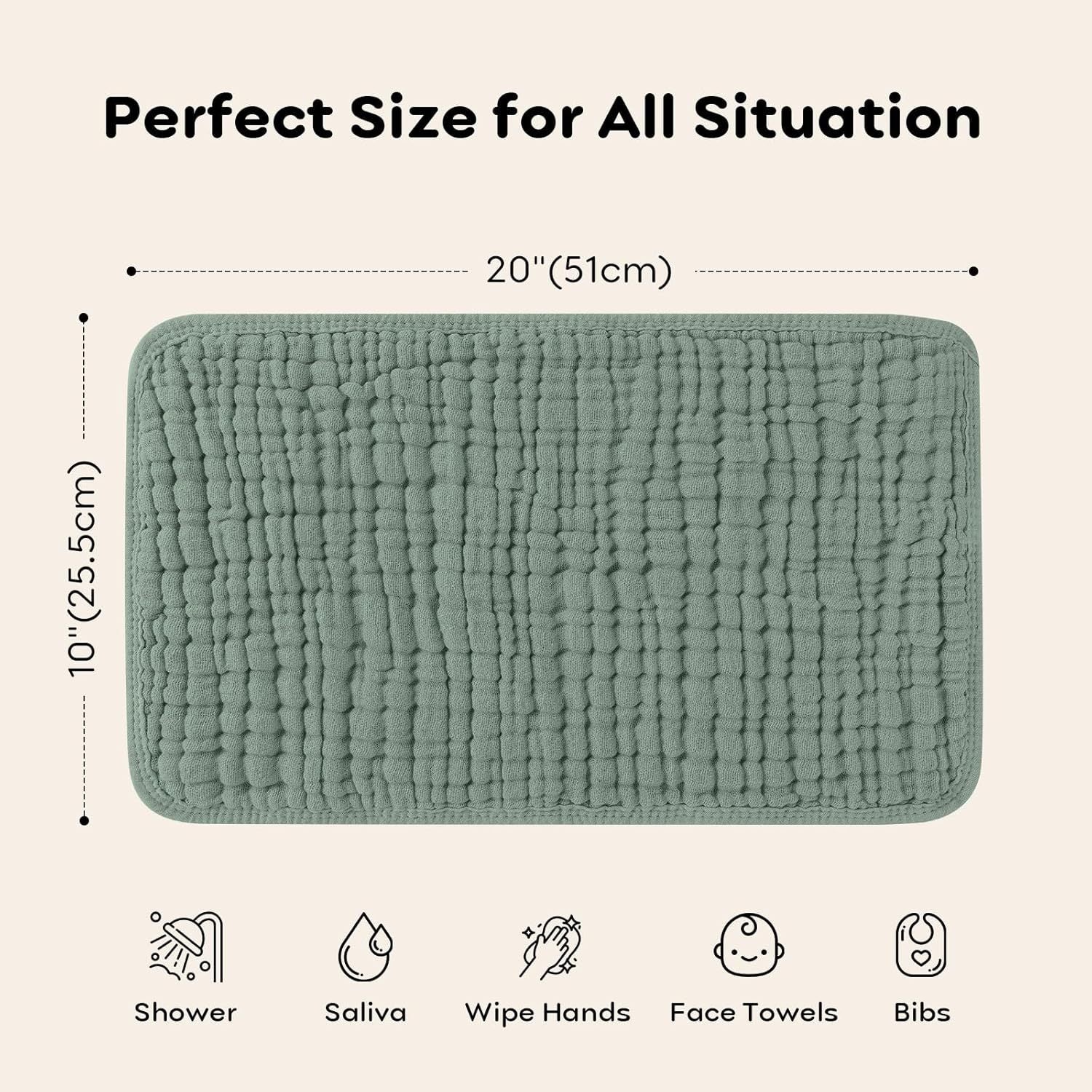 Green bath mat with dimensions and usage icons on a beige background