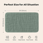 Green bath mat with dimensions and usage icons on a beige background
