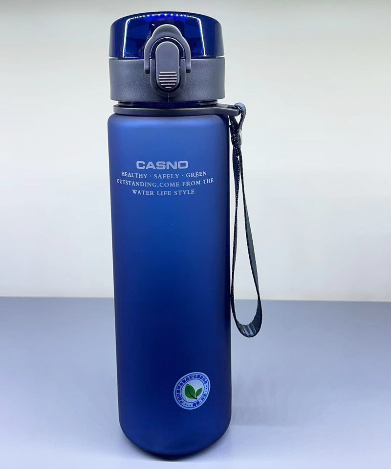 Blue water bottle with gray lid and strap on a white background