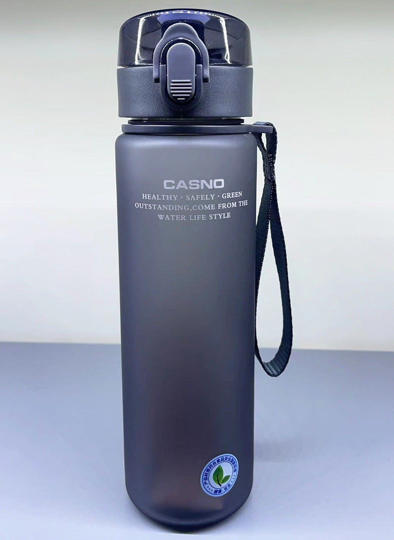 Gray water bottle with a Casno brand logo on a light gray background