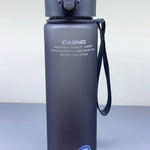 Gray water bottle with a Casno brand logo on a light gray background