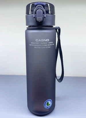 Gray water bottle with a Casno brand logo on a light gray background