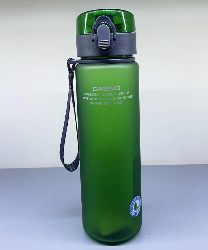 Green water bottle with a strap on a white background