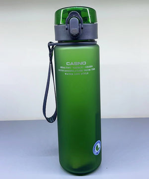 Green water bottle with a strap on a white background