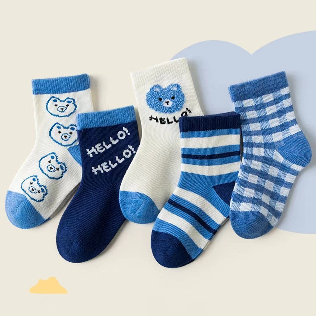 Set of blue and white children's socks with bear designs and 'HELLO!' text on a light background.