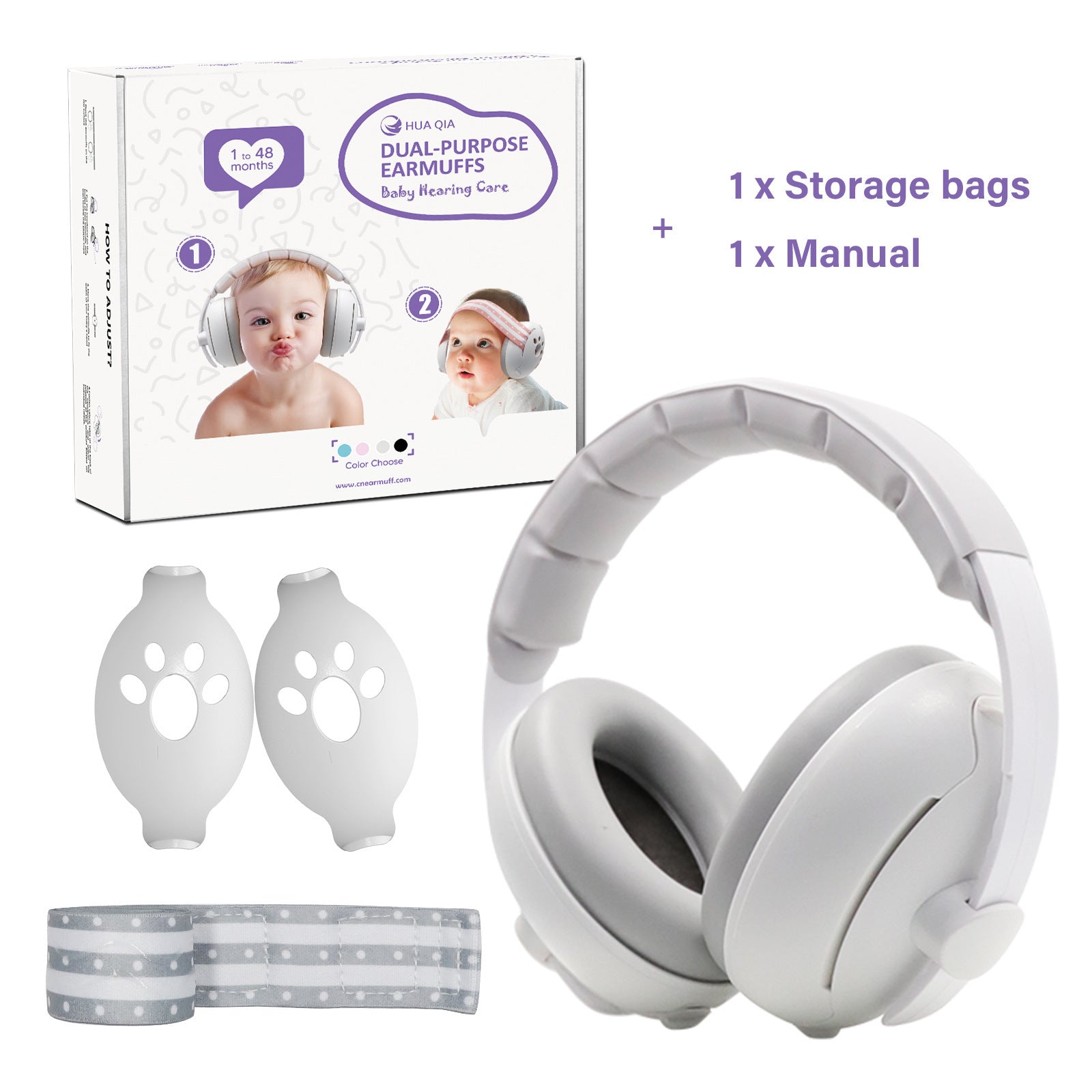 White dual-purpose earmuffs with packaging, storage bags, and manual on a white background