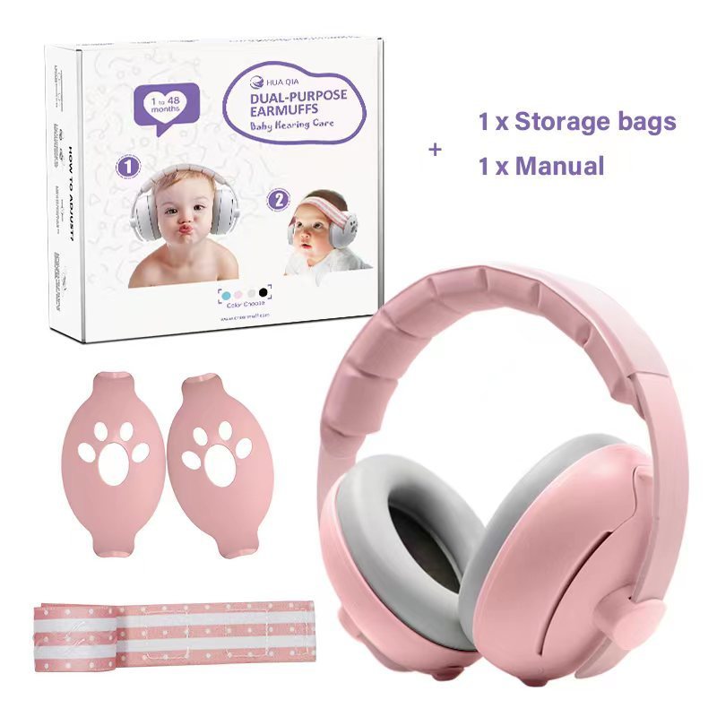Pink baby headphones with packaging, ear muffs, and storage bags on a white background