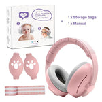 Pink baby headphones with packaging, ear muffs, and storage bags on a white background