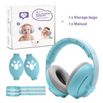 Blue baby earmuffs with packaging, storage bags, and manual on a white background