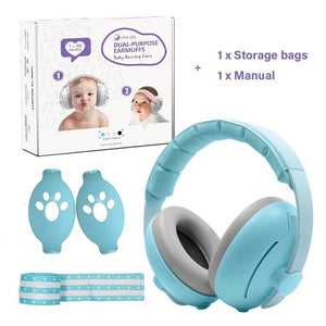 Blue baby earmuffs with packaging, storage bags, and manual on a white background