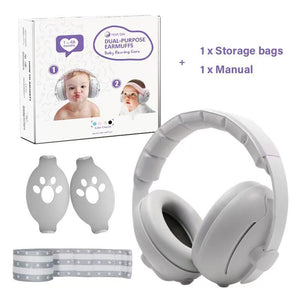 Baby ear muffs with packaging, storage bags, and manual on a white background