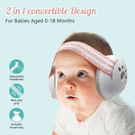 Baby wearing a 2-in-1 convertible headband and ear protection device with text and icons on a light blue background.