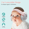 Baby wearing a 2-in-1 convertible headband and ear protection device with text and icons on a light blue background.