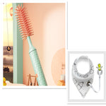 Collage of a beach scene with a green vase and a white bandana with designs.