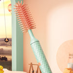 Teal bottle with pink brush against a colorful abstract background