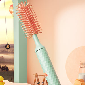 Teal bottle with pink brush against a colorful abstract background