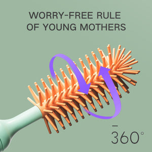 Hairbrush with a purple arrow and text on a green background
