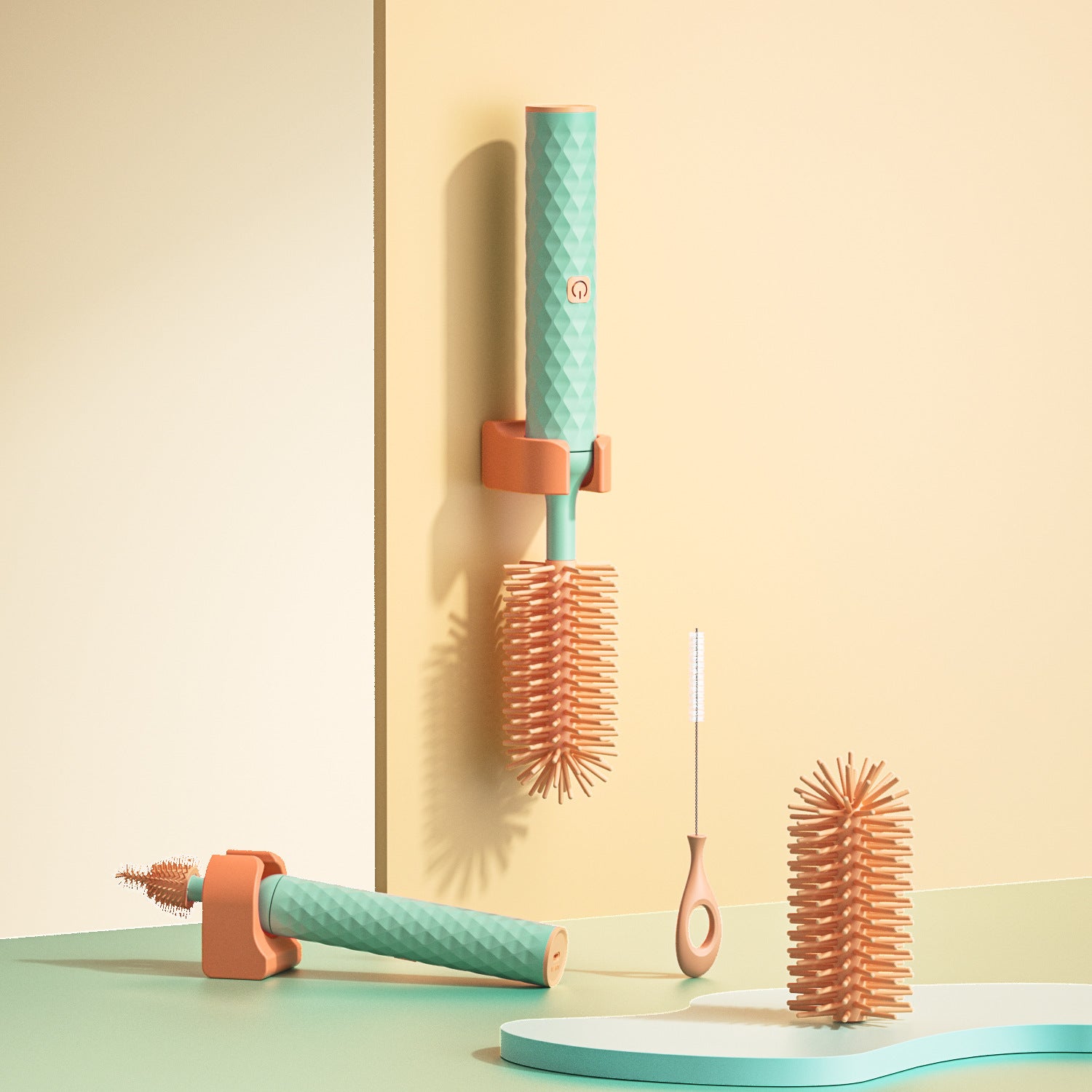 Turquoise hair styling tool with orange accents on a beige background