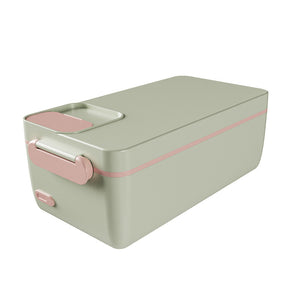 Light green storage box with pink accents on a white background