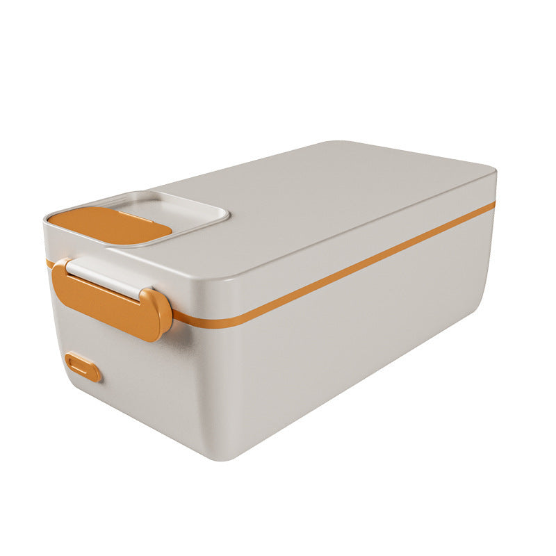 White lunch box with orange accents on a white background