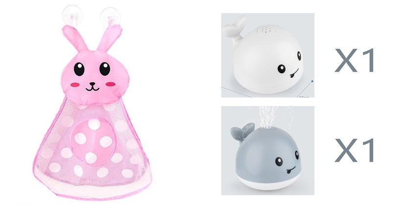 Pink bunny-shaped toy with white polka dots and gray whale-shaped toy on a white background.