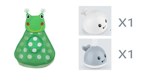 Two plush toys, a green frog and a gray whale, on a white background with text indicating quantity.