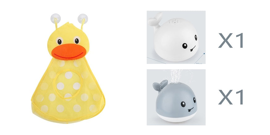 Two plush toys, a yellow duck and a gray whale, on a white background.
