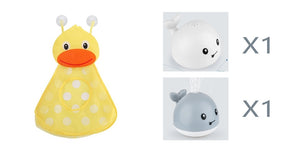 Two plush toys, a yellow duck and a gray whale, on a white background.