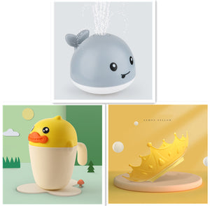 Collage of a whale-shaped bath toy and a yellow duck-shaped bath toy with a stand.