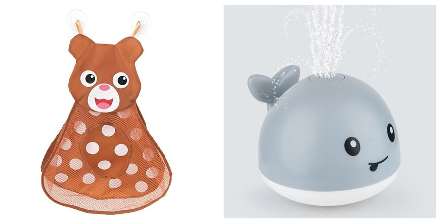 Deer-shaped toy on the left and whale-shaped toy with water sprayer on the right against a white background