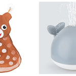 Deer-shaped toy on the left and whale-shaped toy with water sprayer on the right against a white background