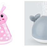 Pink rabbit-shaped toy and gray whale-shaped toy with water sprayer on a white background