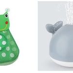 Toy with green body and white polka dots, and gray whale-like body with water sprayer on a white background
