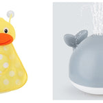 Yellow duck and gray whale bath toys with water sprays on a white background